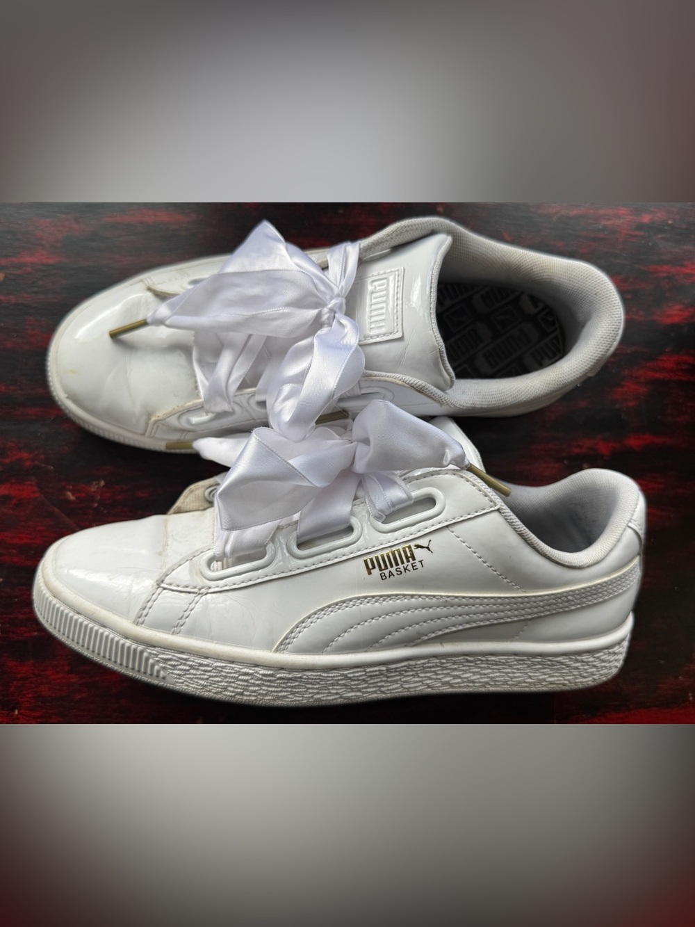 PUMA Basket White Patent Sneakers Satin Ribbon Laces Women’s 7.5 Rare - Picture 2 of 6